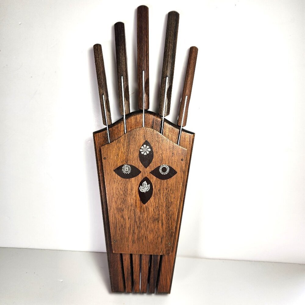 Wooden Wall Mounted Knife Holder with Knives Mid Century Imperial Vintage 60s